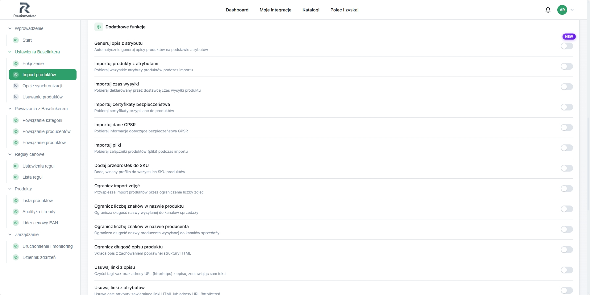 Panel RoutineSolver - dostosowywanie danych produktów