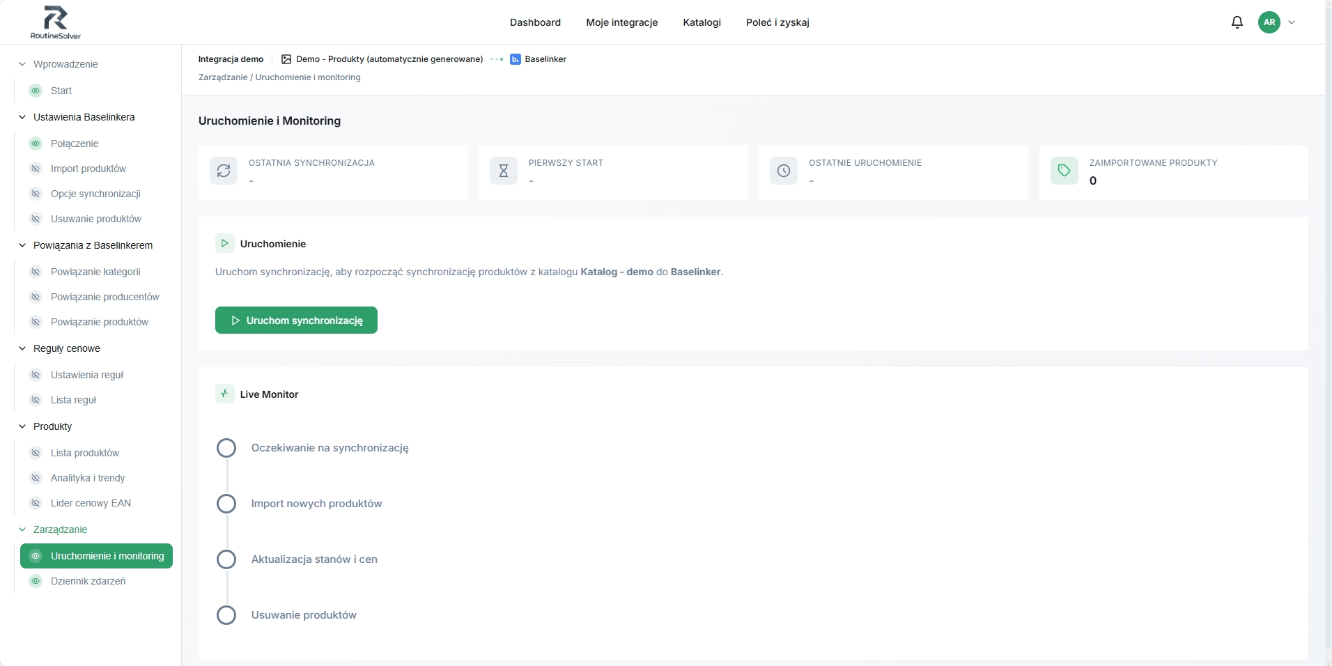 Panel RoutineSolver - uruchomienie integracji i Monitor na żywo