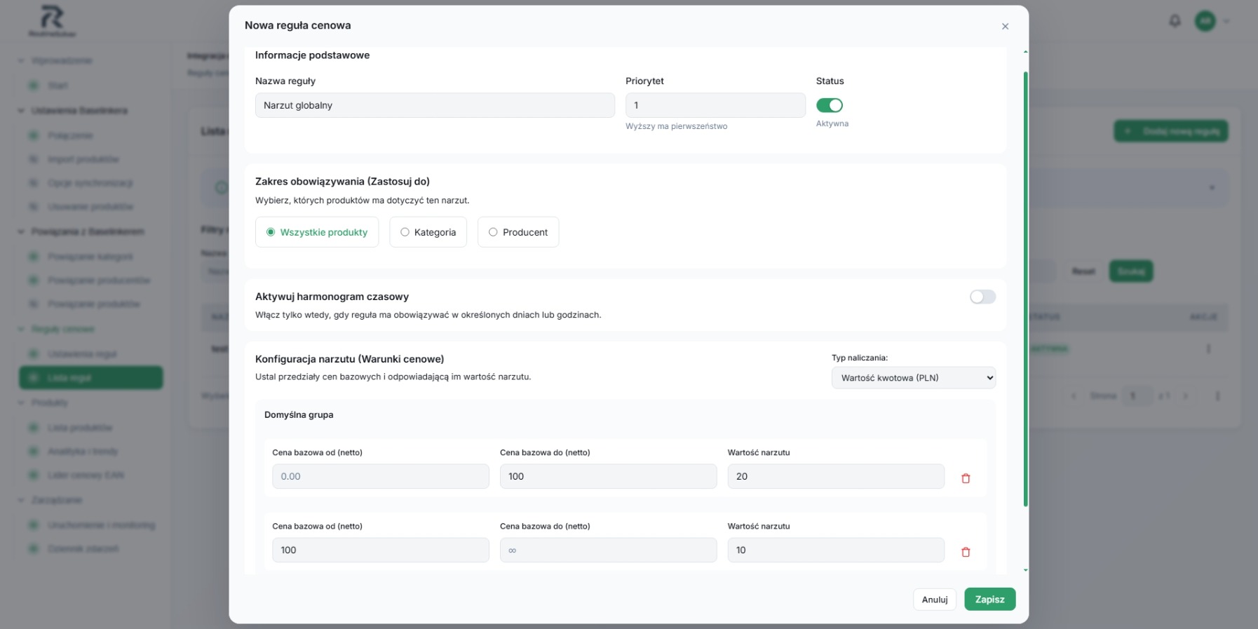 Panel RoutineSolver - konfiguracja narzutów cenowych