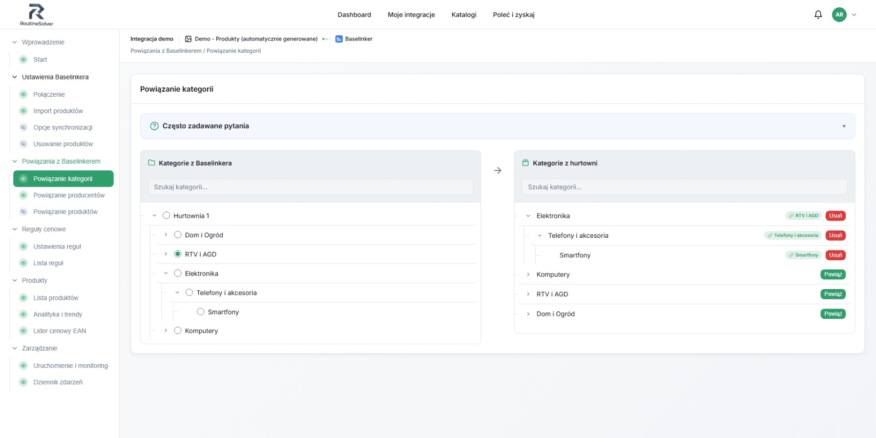 Panel RoutineSolver - powiązanie kategorii