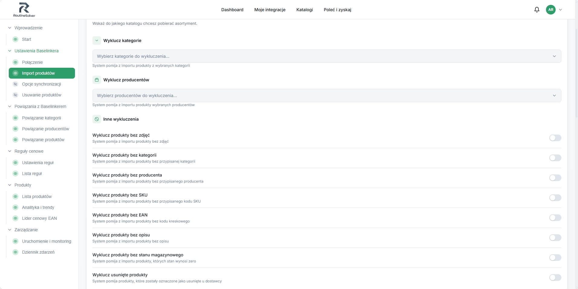 Panel RoutineSolver - wykluczanie produktów z importu